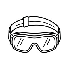 Black and white line art icon of protective safety goggles with adjustable strap, isolated on