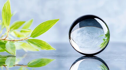 A clear glass sphere sits on a dark, reflective surface, capturing a distorted reflection of vibrant green leaves and a soft blue background. The leaves are in