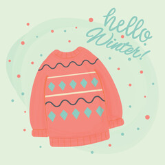 Vintage pink knitted sweater, vector illustration imitating watercolor. Winter Christmas card.