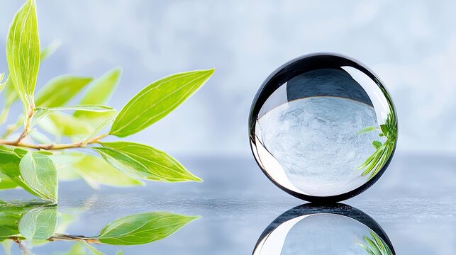 A clear glass sphere sits on a dark, reflective surface, capturing a distorted reflection of vibrant green leaves and a soft blue background. The leaves are in