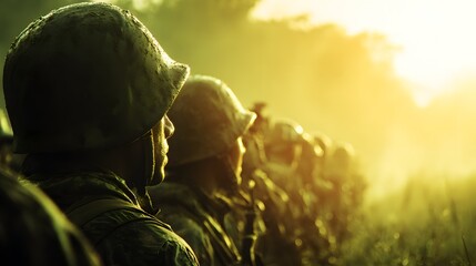 Obraz premium Platoon of soldiers in silhouette standing in formation during a golden sunrise.