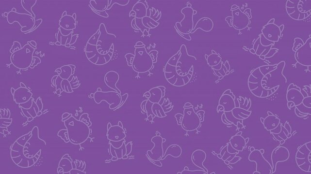Repeating outline pattern featuring shrimp, squirrels, and birds. Ideal for textiles, packaging, and nature themed designs requiring a whimsical touch.