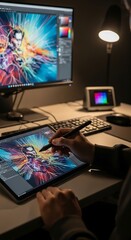 A person uses a stylus on a digital drawing tablet, with a color palette and screen, working under a warm desk lamp