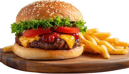 Juicy cheeseburger with fresh toppings and crispy fries