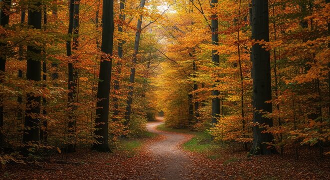 A winding dirt footpath disappearing into a dense woodland forest canopy during the colorful transition of the autumn season ,curved ,seasonal ,journey