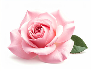 stunning close-up photograph captures a single, perfectly bloomed pink rose with soft, layered petals spiraling inwards. Two vibrant green leaves flank the elegant flower, all isolated against a crisp