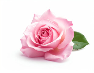 stunning close-up photograph captures a single, perfectly bloomed pink rose with soft, layered petals spiraling inwards. Two vibrant green leaves flank the elegant flower, all isolated against a crisp