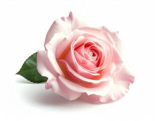 stunning close-up photograph captures a single, perfectly bloomed pink rose with soft, layered petals spiraling inwards. Two vibrant green leaves flank the elegant flower, all isolated against a crisp