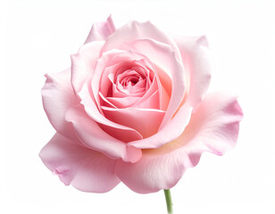 stunning close-up photograph captures a single, perfectly bloomed pink rose with soft, layered petals spiraling inwards. Two vibrant green leaves flank the elegant flower, all isolated against a crisp