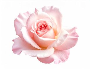 stunning close-up photograph captures a single, perfectly bloomed pink rose with soft, layered petals spiraling inwards. Two vibrant green leaves flank the elegant flower, all isolated against a crisp