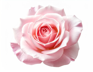 stunning close-up photograph captures a single, perfectly bloomed pink rose with soft, layered petals spiraling inwards. Two vibrant green leaves flank the elegant flower, all isolated against a crisp