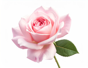 stunning close-up photograph captures a single, perfectly bloomed pink rose with soft, layered petals spiraling inwards. Two vibrant green leaves flank the elegant flower, all isolated against a crisp