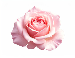 stunning close-up photograph captures a single, perfectly bloomed pink rose with soft, layered petals spiraling inwards. Two vibrant green leaves flank the elegant flower, all isolated against a crisp