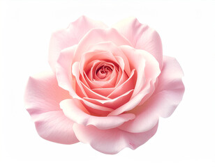 stunning close-up photograph captures a single, perfectly bloomed pink rose with soft, layered petals spiraling inwards. Two vibrant green leaves flank the elegant flower, all isolated against a crisp