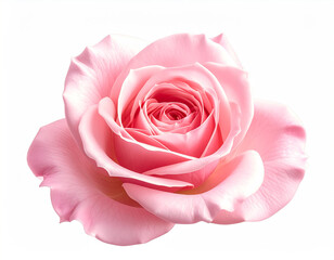 stunning close-up photograph captures a single, perfectly bloomed pink rose with soft, layered petals spiraling inwards. Two vibrant green leaves flank the elegant flower, all isolated against a crisp
