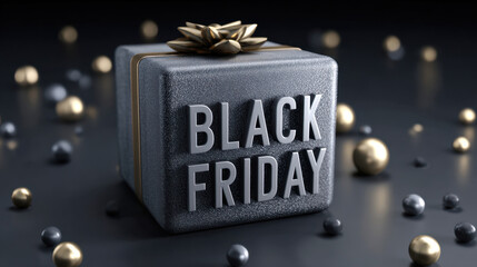 A textured black gift box with metallic ribbon displays the bold text Black Friday