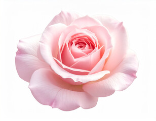 stunning close-up photograph captures a single, perfectly bloomed pink rose with soft, layered petals spiraling inwards. Two vibrant green leaves flank the elegant flower, all isolated against a crisp