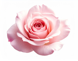 stunning close-up photograph captures a single, perfectly bloomed pink rose with soft, layered petals spiraling inwards. Two vibrant green leaves flank the elegant flower, all isolated against a crisp