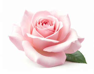stunning close-up photograph captures a single, perfectly bloomed pink rose with soft, layered petals spiraling inwards. Two vibrant green leaves flank the elegant flower, all isolated against a crisp
