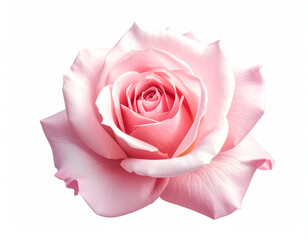 stunning close-up photograph captures a single, perfectly bloomed pink rose with soft, layered petals spiraling inwards. Two vibrant green leaves flank the elegant flower, all isolated against a crisp