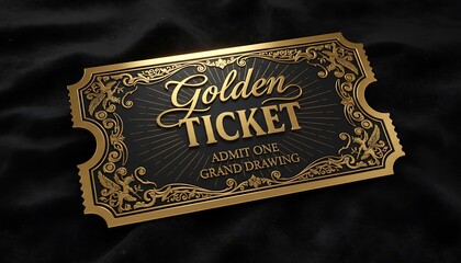 Elegant golden ticket with ornate border and vintage typography on dark background