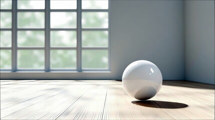 A solitary, reflective white sphere rests on a light-colored wooden floor. Sunlight streams through a large, grid-patterned window, casting distinct shadows and