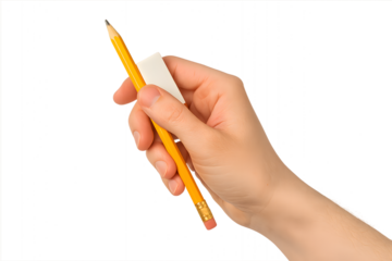 A hand holding a pencil and eraser for the concept of Education and Writing.