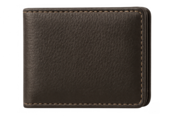 Brown leather bifold wallet with stitching, personal finance accessory for holding money and cards, transparent background