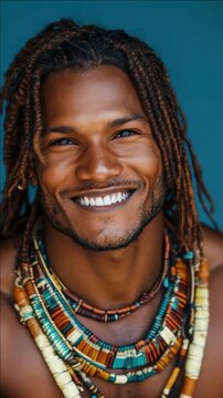 African American man with cornrows wearing a colorful necklace smiles confidently at camera.