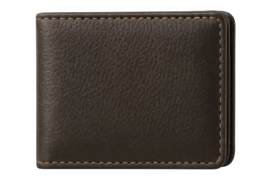 Brown leather bifold wallet with stitching, personal finance accessory for holding money and cards, transparent background