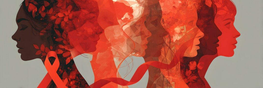 Layered Female Silhouettes with Red Awareness Ribbon – HIV/AIDS Support Concept Illustration