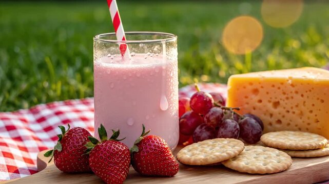 Picnic scene featuring strawberries, grapes, cheese, crackers, and a pink drink with a red and white striped straw