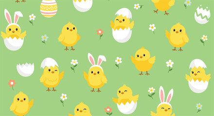 Naklejka premium Cute Easter seamless pattern with adorable yellow chicks hatching from eggs wearing bunny ears among flowers on a green background.