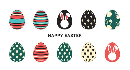 Set of ten colorfully decorated Easter eggs with various patterns like stripes polka dots and bunny silhouettes for the holiday.