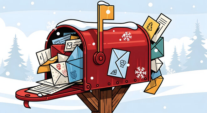 Festive Red Mailbox Overflowing with Holiday Cards and Letters in a Snowy Winter Scene