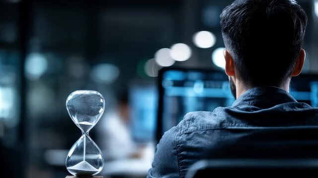 Symbolic hourglass emphasizing the passage of time during concentrated office work