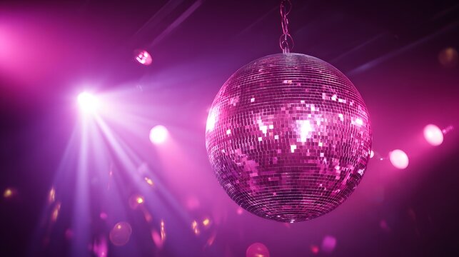 Retro party atmosphere with a sparkling disco ball and purple spotlights.