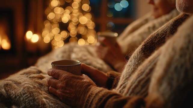 Elderly couple's wrinkled hands holding steaming cups wrapped in blankets sitting together by glowing fireplace with festive bokeh lights