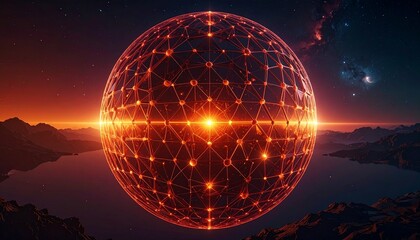 glowing data sphere digital network orange nodes lines dark background futuristic connectivity abstract tech --v 5 --ar 16:9