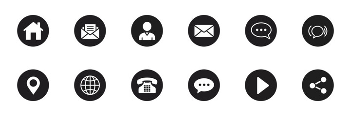 Collection of web icons home, email, user, contact, speech bubble, and more
