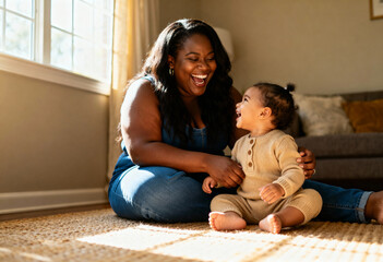 Happy Black mother and baby laughing together at home. Joyful African American woman playing with her infant child on the living room floor. Authentic family bonding and motherhood moment