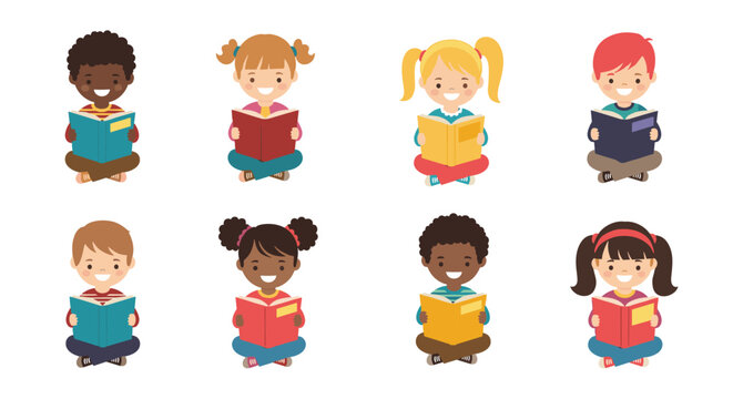 Group of eight diverse and happy multicultural children sitting cross-legged on the floor while reading colorful story books.