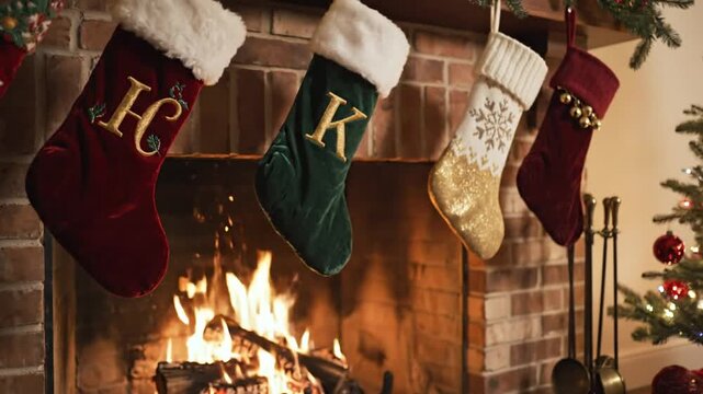 Christmas stockings with monograms hang by a brick fireplace with a lit fire and decorated Christmas tree nearby.