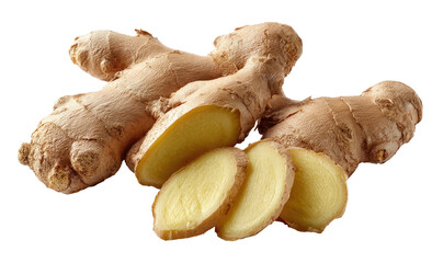 Close-up of fresh, sliced ginger root with skin intact