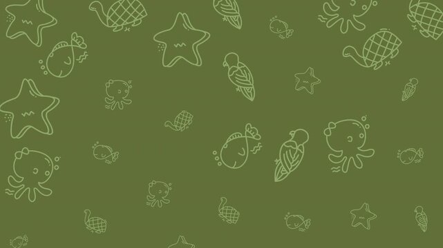 Sea animal outlines on a green background pattern. Perfect for ocean themed designs, children illustrations, educational materials, and fabric prints.
