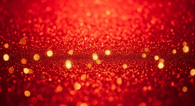 Red glitter background with golden bokeh. Abstract festive texture for Christmas and Valentine's Day. Defocused shimmer pattern