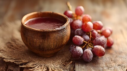 Rustic clay bowl with fresh grape juice and a bunch of red grapes on a vintage wooden table.