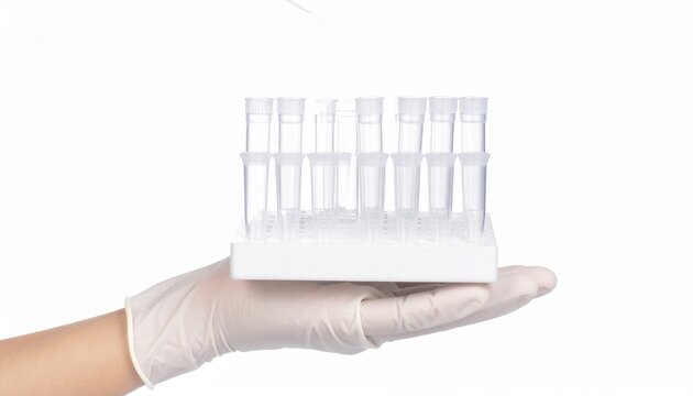 gloved hand holding tray of test tubes blue caps laboratory sterile environment medical research setup --v 5 --ar 16:9