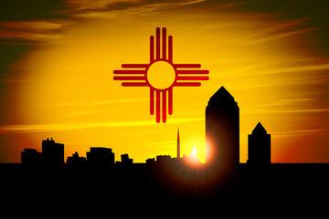 Albuquerque Skyline Sunset with New Mexico State Flag