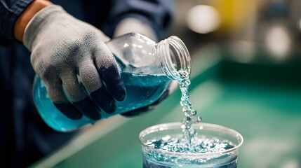 Scientist in protective gloves pouring blue chemical liquid into a beaker in a laboratory.